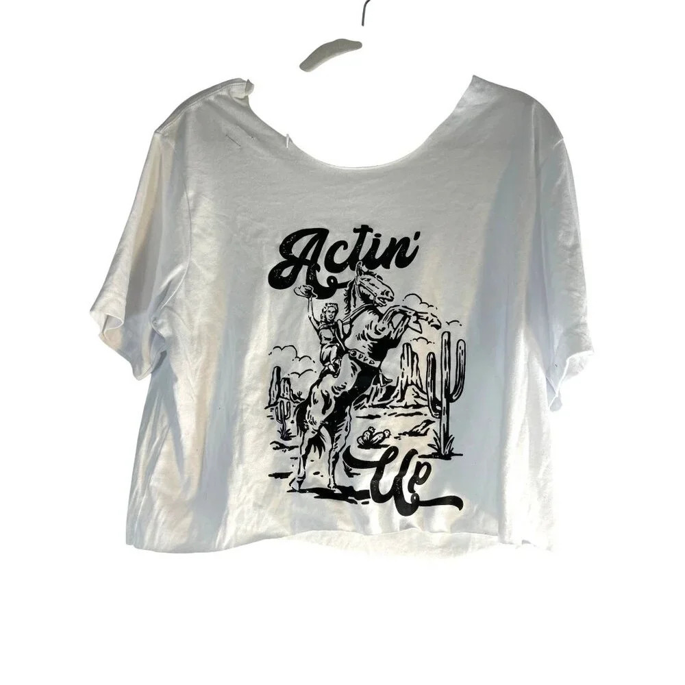 Womens Graphic Crop Tee Distressed Concert White Black Size XL